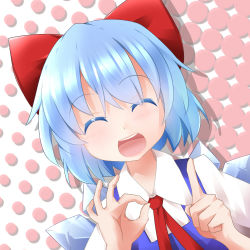 Rule 34 | 1girl, :d, blue hair, blush, bow, cirno, dutch angle, closed eyes, hair bow, hair ornament, halftone, halftone background, hand gesture, highres, hiro (pqtks113), index finger raised, ok sign, open mouth, polka dot, polka dot background, short hair, smile, solo, touhou, wings