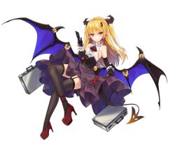 Rule 34 | 1girl, :d, ark order, banknote, black corset, black gloves, black thighhighs, blonde hair, bow, briefcase, card, center frills, closed mouth, corset, credit card, dango remi, demon girl, demon horns, demon tail, demon wings, dollar bill, dollar hair ornament, dollar sign, elbow gloves, flat chest, frills, full body, garter straps, gloves, hair ornament, high heels, holding, holding card, horns, lace, lace-trimmed legwear, lace trim, long hair, looking at viewer, mammon (ark order), money, official art, open mouth, pointy ears, purple skirt, red bow, red footwear, shirt, shoes, skirt, sleeveless, sleeveless shirt, smile, solo, suitcase, tachi-e, tail, thighhighs, transparent background, very long hair, white shirt, wings, yellow eyes