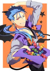 Rule 34 | 1boy, black pants, blue hair, candy, commentary request, cu chulainn (fate), demon horns, demon tail, demon wings, dutch angle, earrings, fate/stay night, fate (series), food, giving, grin, hand up, hat, unworn hat, unworn headwear, holding, horns, jewelry, cu chulainn (fate/stay night), long sleeves, looking at viewer, male focus, natsuko (bluecandy), one eye closed, orange background, pants, red eyes, simple background, smile, solo, star (symbol), tail, vest, wings