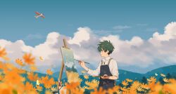 Rule 34 | 1boy, aircraft, airplane, apron, arisa (aren), art brush, artist name, blue apron, blurry, blurry foreground, bucket, bug, butterfly, canvas (object), closed mouth, cloud, collared shirt, commentary request, day, easel, field, flower, flower field, green hair, hand up, highres, holding, holding brush, insect, looking ahead, looking at object, mountainous horizon, open collar, orange flower, original, outdoors, paint stains, paintbrush, painting (action), painting (object), profile, shirt, short hair, signature, simple bird, sleeves rolled up, smile, solo, standing, white shirt