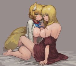 Rule 34 | 2girls, absurdres, animal ears, arm support, back, bare arms, bare legs, bare shoulders, barefoot, between legs, blonde hair, blush, breasts, brown eyes, chanta (ayatakaoisii), closed mouth, clothes lift, dress, fox ears, fox tail, from side, full body, hair between eyes, half-closed eye, hand up, highres, large breasts, lifting another&#039;s clothes, light brown hair, long hair, long sleeves, looking at viewer, multiple girls, multiple tails, nipples, no bra, no headwear, off shoulder, open mouth, red eyes, short dress, short hair, short sleeves, sitting, smile, stomach, sweat, tabard, tail, touhou, wariza, yakumo ran, yakumo yukari, yuri