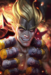 Rule 34 | 1boy, blonde hair, bomb, brown eyes, dirty, explosion, explosive, fire, freckles, grin, junkrat (overwatch), long hair, looking at viewer, male focus, overwatch, sarah forlenza, smile, solo, thick eyebrows, upper body