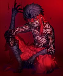 Rule 34 | 1boy, arm wrap, angra mainyu (fate), bandages, black hair, bow, dark skin, dark-skinned male, fate/hollow ataraxia, fate (series), full body, full-body tattoo, grin, hand up, headband, knee up, leg wrap, looking away, male focus, mashima saki (mashimasa), no shoes, pants, red background, red bow, red pants, topless male, sitting, smile, solo, tattoo, yellow eyes