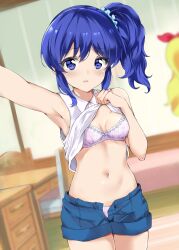 Rule 34 | 1girl, :o, absurdres, aikatsu!, aikatsu! (series), arm up, armpits, bare arms, bare shoulders, belly, blue eyes, blue hair, blue scrunchie, blue shorts, blurry, blurry background, bow, bow bra, bra, breasts, cleavage, clothes lift, collared shirt, cowboy shot, denim, denim shorts, eyelashes, hair between eyes, hair ornament, hair scrunchie, hand up, highres, indoors, kawahara natsuki, kiriya aoi, lace, lace-trimmed bra, lace trim, lifted by self, light blush, medium hair, midriff, navel, open clothes, open mouth, open shorts, outstretched arms, pink bra, scrunchie, selfie, shirt, shirt lift, shorts, side ponytail, sidelocks, sleeveless, sleeveless shirt, small breasts, solo, standing, swept bangs, teeth, underwear, upper teeth only, white shirt