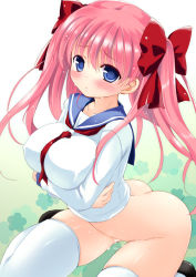 Rule 34 | 00s, 1girl, ass, bad id, bad pixiv id, black footwear, blue eyes, blush, bottomless, bow, breast hold, breast rest, breasts, collarbone, female focus, hair bow, haramura nodoka, large breasts, long hair, long sleeves, looking at viewer, neckerchief, pink hair, pussy juice, red bow, sailor collar, saki (manga), school uniform, sdwing, serafuku, shirt, shoes, sitting, skindentation, solo, tears, thighhighs, twintails, white shirt, white thighhighs