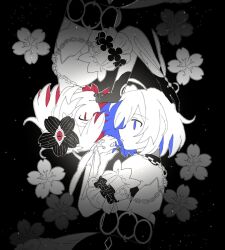 Rule 34 | 2girls, blue eyes, chain, colored inner hair, dual persona, flower, gloves, greyscale, hair flower, hair ornament, honkai (series), honkai impact 3rd, light, light particles, lying, miyou myu, monochrome, multicolored hair, multiple girls, on side, puffy short sleeves, puffy sleeves, red eyes, red hair, seele (alter ego), seele vollerei, seele vollerei (stygian nymph), short sleeves, spot color, upside-down