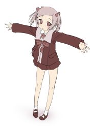 Rule 34 | 1girl, brown eyes, brown footwear, full body, kokeshi men, light brown hair, open mouth, outstretched arms, school uniform, serafuku, shoes, socks, solo, standing, white background, white socks