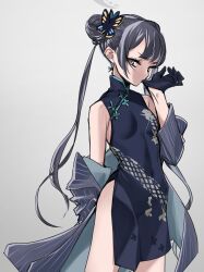 Rule 34 | 1girl, bare shoulders, black dress, black gloves, black hair, blue archive, braid, breasts, butterfly hair ornament, china dress, chinese clothes, coat, commentary request, cowboy shot, double bun, dragon print, dress, gloves, grey background, grey eyes, hair bun, hair ornament, halo, highres, kisaki (blue archive), long hair, mouth pull, off shoulder, print dress, sasetsu, short dress, sketch, sleeveless, sleeveless dress, small breasts, solo, striped, striped coat, twin braids, twintails, vertical-striped coat
