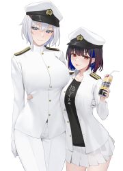 Rule 34 | 2girls, absurdres, beer can, bendy straw, black hair, black shirt, blue eyes, can, colored inner hair, drink can, drinking straw, ear piercing, earrings, epaulettes, female admiral (kancolle), grey hair, hat, highres, holding, holding can, jewelry, kantai collection, military, military hat, military uniform, multicolored hair, multiple girls, naval uniform, pants, peaked cap, piercing, red eyes, shirt, short hair, simple background, skirt, smile, strong zero, takaman (gaffe), tongue, tongue out, uniform, white background