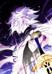 Rule 34 | 1boy, androgynous, bishounen, black background, facing to the side, fate/grand order, fate (series), heeparang, long hair, looking to the side, merlin (fate), messy hair, multicolored background, pale skin, purple background, purple eyes, saber (weapon), sword, weapon, white hair