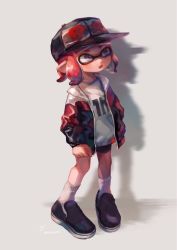 Rule 34 | 1girl, :o, artist name, baseball cap, black footwear, black hat, black jacket, blue eyes, commentary, english commentary, grey background, hat, highres, hood, hoodie, inkling, inkling girl, inkling player character, jacket, logo, long sleeves, looking to the side, miu pachi, nintendo, open clothes, open jacket, pointy ears, red hair, red theme, shadow, shirt, shoes, short hair, signature, simple background, socks, solo, splatoon (series), splatoon 2, tentacle hair, white shirt, white socks