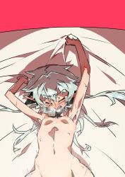 Rule 34 | 10s, 1girl, aqua hair, armpits, bed sheet, breasts, closed eyes, crying, elf, gangure (disemboweled), goblin slayer!, high elf archer (goblin slayer!), implied sex, motion lines, navel, nipples, nude, open mouth, pointy ears, sheet grab, simple background, small breasts, solo, spread legs, sweat