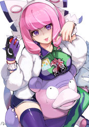 Rule 34 | 1girl, blush, bow, breasts, coat, collarbone, commentary request, creatures (company), fur coat, game freak, gen 1 pokemon, gloves, hair bow, holding, holding poke ball, jewelry, klara (pokemon), large breasts, long sleeves, looking at viewer, medium hair, mole, mole under mouth, nail polish, nintendo, on shoulder, open mouth, pink hair, pink nails, poke ball, poke ball (basic), pokemon, pokemon (creature), pokemon swsh, purple eyes, ring, simple background, single glove, slowbro, smile, thighhighs, white background, white bow, white coat, yanngoto
