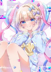 Rule 34 | 1girl, absurdres, azusa honey, blonde hair, blue bow, blue eyes, blue hair, blue nails, blue shirt, blush, bow, chouzetsusaikawa tenshi-chan, glitch, hair bow, hands on own cheeks, hands on own face, heart, highres, long hair, looking at viewer, multicolored hair, multicolored nails, multiple hair bows, needy girl overdose, pink bow, pink hair, pink nails, purple bow, quad tails, sailor collar, shirt, smile, solo, wings, yellow bow, yellow nails