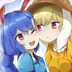 Rule 34 | 2girls, ;d, animal ears, bag, blonde hair, blue background, blue hair, brown headwear, cabbie hat, cheek-to-cheek, closed mouth, floppy ears, gradient background, hat, heads together, looking at viewer, low twintails, multicolored background, multiple girls, one eye closed, open mouth, pout, rabbit ears, red eyes, ringo (touhou), seiran (touhou), simple background, smile, touhou, twintails, tyouseki, upper body, white background