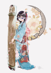 Rule 34 | 1girl, black hair, blue-framed eyewear, blue eyes, closed mouth, crescent moon, floral background, floral print, from side, full body, glasses, grey background, hair between eyes, hair over shoulder, half updo, instrument, japanese clothes, kimono, koto (instrument), long hair, long sleeves, miyabi akino, moon, nadeshiko doremisora, original, petals, sandals, signature, smile, solo, standing, white background, wide sleeves
