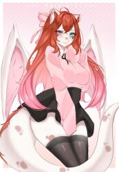 Rule 34 | absurdres, animal ears, artist name, between legs, black thighhighs, blue eyes, breasts, brown hair, collared sweater, colored inner hair, commentary, dragon ears, dragon tail, dragon wings, english commentary, facial mark, furry, furry female, gradient hair, hand between legs, heart, heart facial mark, heterochromia, highres, looking at viewer, medium breasts, metalkrot, multicolored hair, original, pink eyes, pink hair, pink sweater, sleeves past wrists, sweater, tail, thighhighs, wings