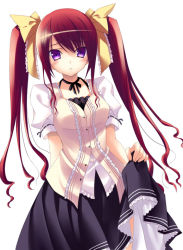 Rule 34 | blush, clothes lift, hair ribbon, purple eyes, red hair, ribbon, skirt, skirt lift, solo, twintails, zinno