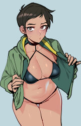 Rule 34 | 1girl, absurdres, bad hands, bikini, black bikini, black hair, blue background, blush, breasts, brown eyes, collarbone, commentary, dark-skinned female, dark skin, dc comics, earrings, english commentary, green jacket, groin, highres, jacket, jewelry, lois lane, medium breasts, mole, mole on breast, my adventures with superman, navel, open clothes, open jacket, ratatatat74, short hair, simple background, solo, stomach, stud earrings, superman (series), sweat, swimsuit, thigh gap