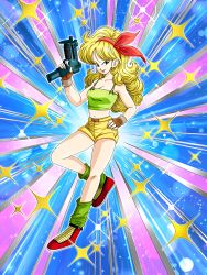 Rule 34 | 1girl, belt, blonde hair, bow, breasts, cleavage, collarbone, cowboy shot, crop top, cropped legs, dragon ball, dragon ball (classic), dragon ball legends, full body, green eyes, green shirt, hair bow, hairband, hand in pocket, long hair, lunch (dragon ball), medium breasts, midriff, navel, red bow, red hairband, shirt, short shorts, short sleeves, shorts, simple background, solo, standing, stomach, tanukichi (spica1985), twitter username, very long hair, weapon, white background, yellow shorts