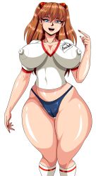 Rule 34 | 1girl, absurdres, alcione makoto, alternate breast size, bare legs, bare shoulders, blue buruma, buruma, cleft of venus, covered navel, curvy, earrings, green eyes, gym uniform, hair ornament, highres, interface headset, jewelry, long hair, looking at viewer, naughty face, neon genesis evangelion, nipples, open mouth, pubic hair, pubic hair peek, shiny skin, shirt, simple background, solo, souryuu asuka langley, thong, two side up, very long hair, white shirt, wide hips