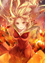 Rule 34 | 1girl, alternate color, alternate element, alternate eye color, artist name, blonde hair, breasts, cleavage, dress, elsa (frozen), fire, frozen (disney), long hair, looking at viewer, md5 mismatch, re lucy, red dress, signature, solo, yellow eyes