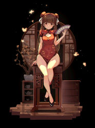 Rule 34 | 1girl, absurdres, arm at side, black background, black footwear, blush, breasts, brown hair, bug, butterfly, cabinet, china dress, chinese clothes, cleavage, cleavage cutout, closed mouth, clothing cutout, commentary, covered navel, cup, double bun, drawer, dress, english commentary, floral print, full body, glowing, hair bun, hair ribbon, hand fan, hand up, highres, holding, holding fan, insect, long hair, looking at viewer, medium breasts, orange eyes, original, pelvic curtain, plant, potted plant, qi==qi, red dress, ribbon, shelf, shoes, simple background, sitting, smile, solo, table, teapot, thighs, twintails, white ribbon