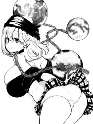 Rule 34 | 1girl, absurdres, ass, breasts, chain, closed mouth, commentary request, earth (ornament), hecatia lapislazuli, high contrast, highres, himajin noizu, huge breasts, looking at viewer, medium hair, monochrome, moon (ornament), off-shoulder shirt, off shoulder, panties, plaid, plaid skirt, shirt, simple background, skindentation, skirt, smile, solo, touhou, underwear