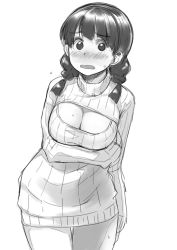 Rule 34 | 1girl, braid, breasts, cleavage cutout, clothing cutout, copyright request, cowboy shot, greyscale, large breasts, long sleeves, looking at viewer, monochrome, open mouth, ribbed sweater, simple background, solo, standing, sweat, sweatdrop, sweater, tachibana roku, thigh gap, twin braids, white background