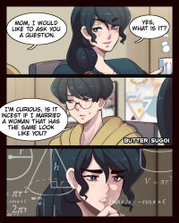 Rule 34 | 1boy, 1girl, 3koma, artist name, black eyes, black hair, butter sugoi, coffee mug, comic, cup, english text, frown, glasses, hair over shoulder, hand on own chin, highres, holding, holding cup, hood, hoodie, math, math lady (meme), meme, mother and son, mug, original, ponytail, portrait, side ponytail, sidelocks, smile, speech bubble, sweatdrop, thick eyebrows