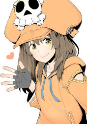 Rule 34 | anchor symbol, black gloves, blush, brown hair, commentary, fingerless gloves, gloves, guilty gear, guilty gear strive, hat, heart, hood, hoodie, long sleeves, looking at viewer, may (guilty gear), medium hair, orange hoodie, oversized hat, poncocchan, skull and crossbones, smile, solo, upper body, waving, white background, yellow eyes