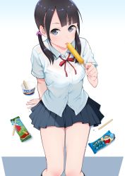 Rule 34 | 1girl, arm behind back, asymmetrical bangs, black hair, blouse, blue background, bra, breasts, deca purio, dress shirt, food, gradient background, grey eyes, hair bobbles, hair ornament, long hair, looking up, original, popsicle, popsicle stick, school uniform, see-through, see-through shirt, shirt, simple background, sitting, solo, thighs, tongue, tongue out, underwear, white background, white shirt, wrapper