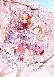 Rule 34 | 1girl, :d, angel wings, blonde hair, blue eyes, bow, bowtie, capelet, cherry blossoms, day, dress, enoki 3106, footwear bow, happy, hat, hat bow, highres, kirby, lily white, long hair, long sleeves, open mouth, outdoors, red bow, red bowtie, smile, touhou, tree, very long hair, white capelet, white dress, white footwear, white headwear, wide sleeves, wings