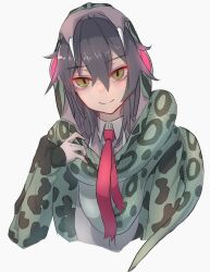 Rule 34 | 1other, adapted costume, androgynous, animal hood, arm at side, closed mouth, collared shirt, cropped arms, cropped torso, grey hair, hair between eyes, hand up, head tilt, highres, hood, hood up, hooded jacket, jacket, kemono friends, long hair, long sleeves, long tail, looking at viewer, okinawa habu (kemono friends), print hood, print jacket, sasa fune, shirt, simple background, sleeves past wrists, smile, snake hood, snake print, snake tail, solo, tail, tail wrap, white background, wing collar, yellow eyes