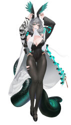 Rule 34 | 1girl, absurdres, aqua nails, arknights, black footwear, black leotard, black pantyhose, breasts, clothes in mouth, clothes lift, commentary, fangs, feather pen113, full body, green eyes, grey hair, head wings, highres, ho&#039;olheyak (arknights), jacket, large breasts, leotard, long sleeves, looking at viewer, mouth hold, pantyhose, shirt, shirt in mouth, shirt lift, simple background, snake tail, solo, tail, torn clothes, torn pantyhose, white background, white jacket, white shirt, wings