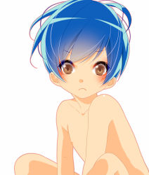 Rule 34 | 1boy, ahoge, bare shoulders, blue hair, blush, brown eyes, child, highres, last ridexxx, looking at viewer, male focus, nipples, sad, short hair, simple background, sitting, solo, white background