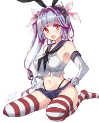Rule 34 | 1girl, black hairband, black panties, blue hair, blush, breasts, cosplay, crop top, elbow gloves, gloves, hair ribbon, hairband, highleg, highleg panties, i-19 (kancolle), kantai collection, kurage1, large breasts, long hair, looking at viewer, miniskirt, navel, one-hour drawing challenge, open mouth, panties, ribbon, sailor collar, school uniform, serafuku, shimakaze (kancolle), shimakaze (kancolle) (cosplay), simple background, skirt, smile, solo, striped clothes, striped thighhighs, thighhighs, twintails, underwear, white background, white gloves