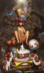 Rule 34 | 10s, 1girl, absurdres, anus, candle, charlotte (madoka magica), doughnut, food, highres, icing, mahou shoujo madoka magica, mahou shoujo madoka magica (anime), multicolored eyes, naked scarf, nude, personification, pink hair, pussy, rubyking, scarf, sexually suggestive, signature, solo, sprinkles, sweets, twintails, uncensored, what