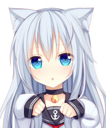 Rule 34 | 10s, 1girl, :o, anchor symbol, animal ears, bell, neck bell, blue eyes, cat ears, choker, commentary request, hibiki (kancolle), highres, jingle bell, jyt, kantai collection, kemonomimi mode, long hair, long sleeves, looking at viewer, paw pose, school uniform, serafuku, silver hair, simple background, solo, white background