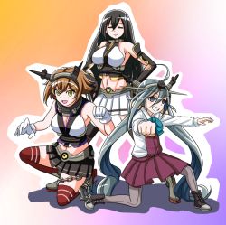 Rule 34 | &gt;:d, 10s, 3girls, :d, ahoge, black hair, brown hair, clenched hand, closed eyes, elbow gloves, gloves, gradient background, grey eyes, grin, hands on own hips, headgear, kantai collection, kiyoshimo (kancolle), kneeling, long hair, looking at viewer, low twintails, midriff, multiple girls, mutsu (kancolle), nagato (kancolle), open mouth, pantyhose, pleated skirt, school uniform, short hair, silver hair, skirt, smile, sweatdrop, thighhighs, tk8d32, twintails, v-shaped eyebrows, very long hair, yellow eyes