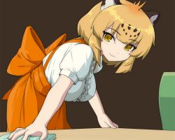 Rule 34 | 10s, 1girl, animal ears, anna miller, bad id, bad nicoseiga id, blonde hair, blush, breasts, cleaning, commentary request, dustcloth, iwahana, jaguar (kemono friends), jaguar ears, kemono friends, large breasts, leaning forward, looking at viewer, multicolored hair, orange skirt, short hair, short sleeves, simple background, skirt, smile, solo, table, waitress