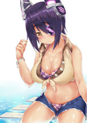 Rule 34 | 10s, 1girl, belly, bikini, blush, breasts, checkered bikini, checkered clothes, cleavage, eyepatch, hair ornament, headgear, kantai collection, large breasts, naha78, open clothes, plump, purple eyes, purple hair, shiny skin, short hair, short shorts, shorts, sitting, solo, stomach, swimsuit, swimsuit under clothes, tenryuu (kancolle), unzipped, yellow eyes