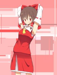 Rule 34 | 1girl, absurdres, akabeco, arms behind head, arms up, blush, bow, brown hair, closed mouth, cookie (touhou), detached sleeves, hair bow, hair tubes, hakurei reimu, highres, looking at viewer, red bow, red eyes, reu (cookie), short hair, smile, solo, touhou