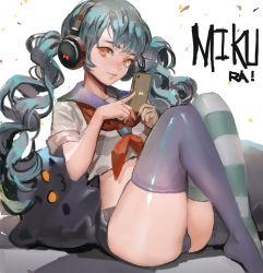 Rule 34 | 1girl, alternate eye color, ass, asymmetrical legwear, blue hair, canking, curly hair, feet, hatsune miku, headphones, holding, long hair, looking at viewer, midriff, mismatched legwear, no shoes, panties, pantyshot, phone, red eyes, school uniform, shiny skin, sitting, smile, solo, striped clothes, striped thighhighs, thighhighs, twintails, underwear, vocaloid