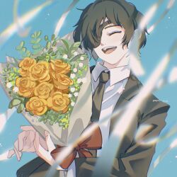 Rule 34 | 1girl, black hair, black jacket, black suit, blue sky, blurry, blurry background, bouquet, bow, chainsaw man, closed eyes, collared shirt, day, depth of field, eyepatch, flower, formal, highres, himeno (chainsaw man), holding, holding bouquet, ice morinaka, jacket, open clothes, open jacket, open mouth, outdoors, red bow, ribbon, rose, shirt, short hair, sky, solo, suit, teeth, upper body, white ribbon, white shirt, yellow flower, yellow rose