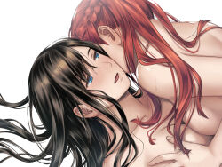 Rule 34 | 2girls, black hair, blue eyes, braid, breasts, cheek-to-cheek, commentary request, french braid, girl on top, grabbing, grabbing another&#039;s breast, heads together, highres, long hair, lying, medium breasts, multiple girls, nude, on back, original, parted lips, red hair, simple background, sweat, takekawa shin, upper body, white background, yuri