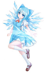 Rule 34 | 1girl, blue eyes, blue hair, blush, bow, cirno, full body, hair bow, highres, irudana, kneehighs, leg up, loafers, looking at viewer, matching hair/eyes, shoes, short hair, short sleeves, simple background, smile, socks, solo, touhou, white background, white socks