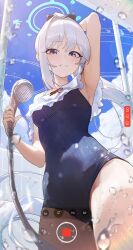 Rule 34 | 1girl, absurdres, arm up, armpits, bare arms, bare legs, bare shoulders, black one-piece swimsuit, blue archive, blue halo, blush, breasts, bubble99, covered navel, cowboy shot, frilled one-piece swimsuit, frills, from below, grey hair, halo, highres, holding, holding shower head, long hair, looking at viewer, miyako (blue archive), miyako (swimsuit) (blue archive), official alternate costume, official alternate hairstyle, one-piece swimsuit, open mouth, ponytail, purple eyes, recording, shower head, showering, small breasts, smile, solo, swimsuit, wet