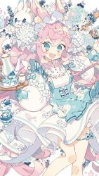 Rule 34 | 1girl, animal, animal ears, aqua eyes, blue bow, blush, blush stickers, bow, braid, bug, butterfly, cake, crystal, cup, floral print, flower, food, hair between eyes, heart, highres, holding, holding plate, insect, long hair, maid, maid headdress, open mouth, original, pink hair, plant, plate, puffy sleeves, rabbit, rose, smile, sparkle, spoon, striped, striped bow, teacup, teapot, teeth, uekura eku, upper teeth only, white flower, white rose