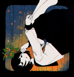 Rule 34 | 1girl, absurdres, black border, black hair, black skirt, bob cut, border, colored skin, double exposure, feet out of frame, flower, gold osmanthus, greyscale with colored background, hand up, highres, holding, holding flower, long sleeves, looking at viewer, mamei mema, orange flower, original, outside border, parted lips, sailor collar, sailor shirt, school uniform, serafuku, shirt, short hair, skirt, solo, upside-down, white shirt, white skin, yellow flower